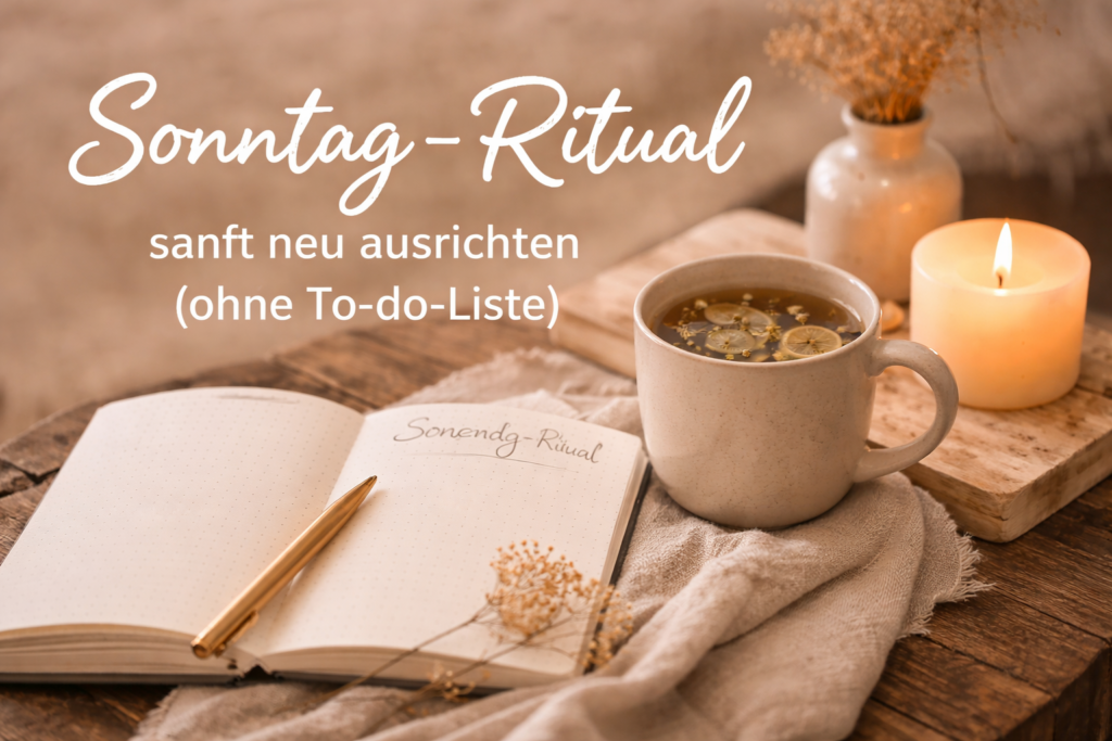 Sonntag-Ritual – Tee, Notizbuch und Kerze in warmer, ruhiger Atmosphäre